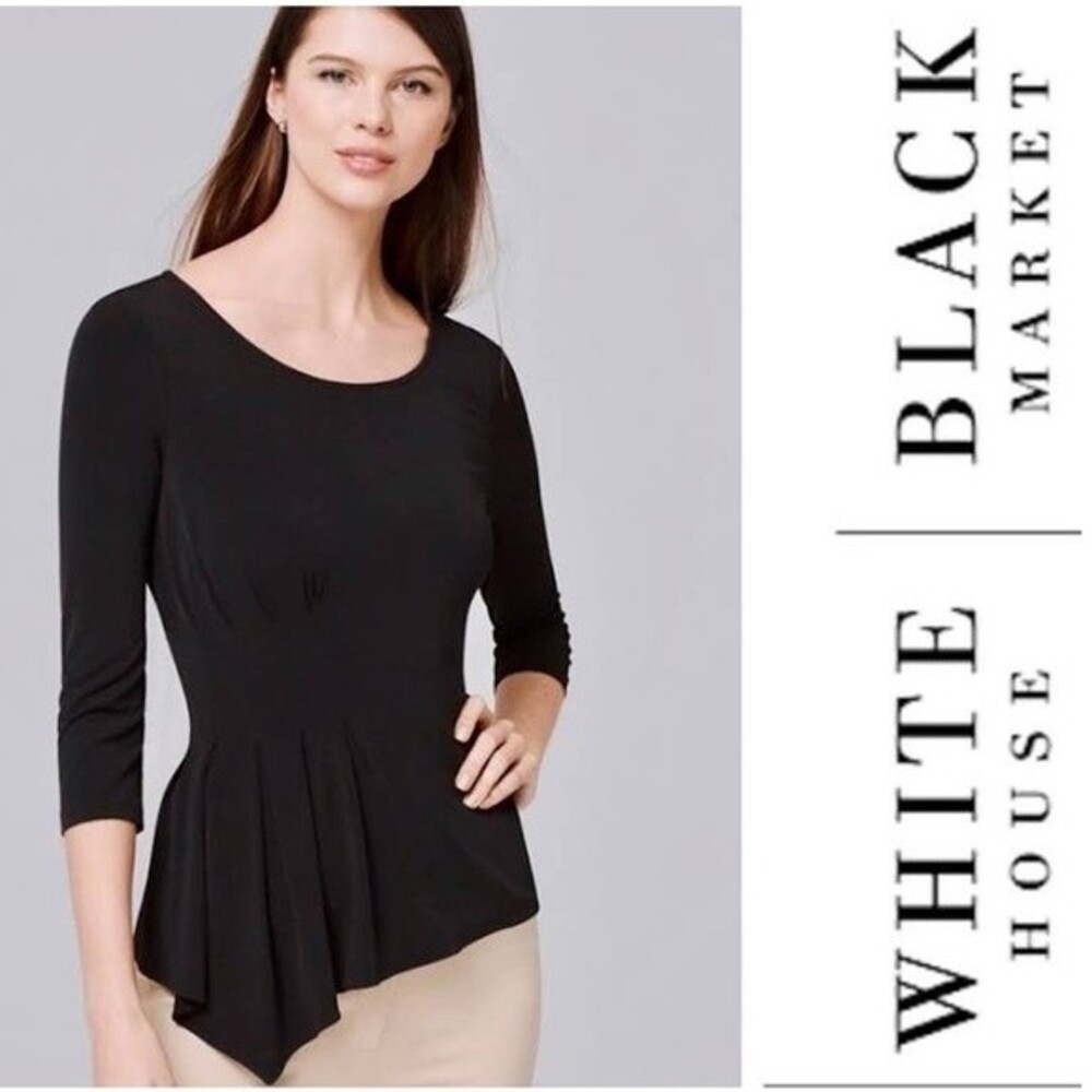 White House Black Market Black Asymmetric Side Drape Waist Top Black NEW S